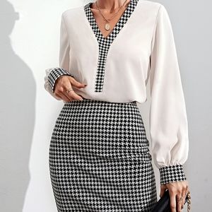 Houndstooth Print Lantern Sleeve Blouse & Bodycon Skirt